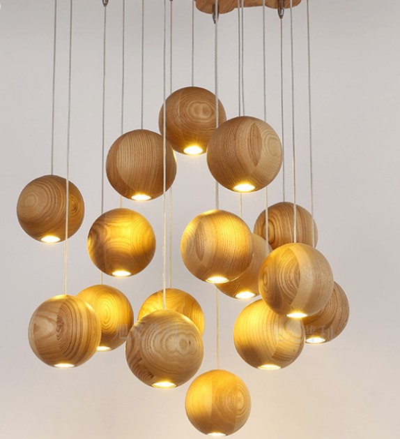 Wooden Round Ball Pendant Light for Creative Living Room